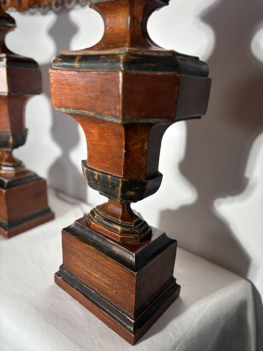 Paire de grandes lampes italiennes en bois tourné et patiné - Italie, vers 1950-1960 -photo-5