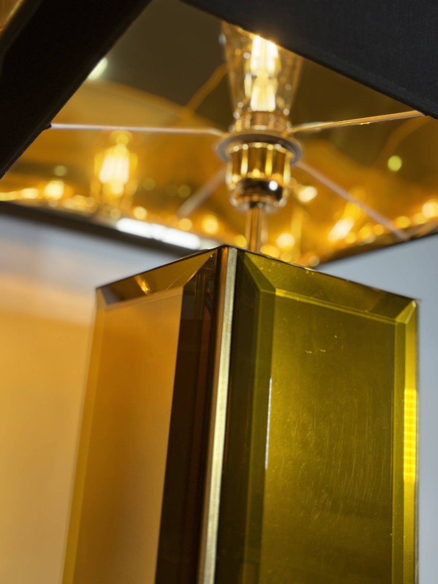 Murano - paire de grandes lampes en verre de Murano ambre et laiton - Italie, années 1980-photo-3
