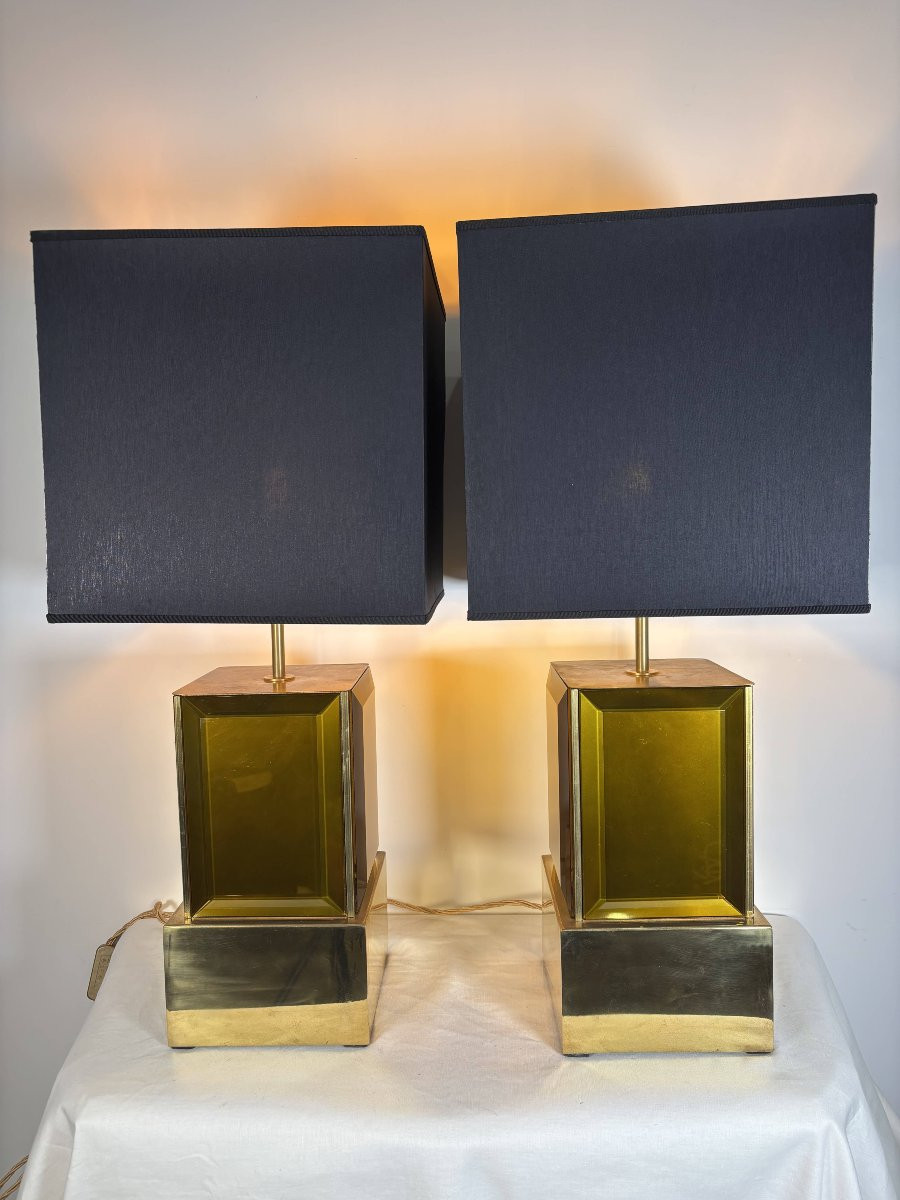 Murano - paire de grandes lampes en verre de Murano ambre et laiton - Italie, années 1980-photo-3