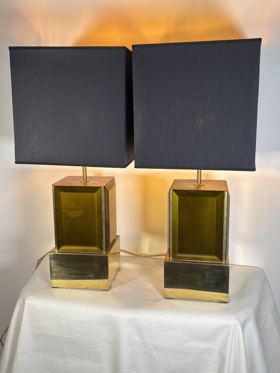 Murano - paire de grandes lampes en verre de Murano ambre et laiton - Italie, années 1980