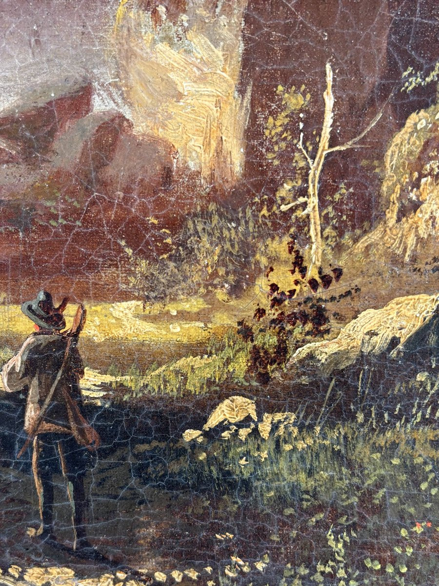 Ecole probablement Allemande, Huile sur toile, paysage romantique avec voyageur, vers 1890-1910-photo-1