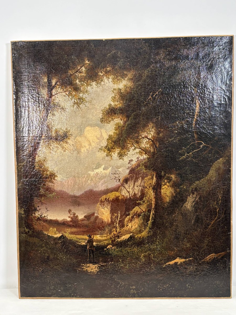 Ecole probablement Allemande, Huile sur toile, paysage romantique avec voyageur, vers 1890-1910-photo-2