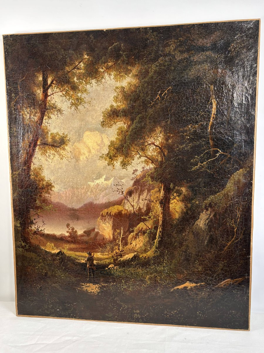 Ecole probablement Allemande, Huile sur toile, paysage romantique avec voyageur, vers 1890-1910-photo-3