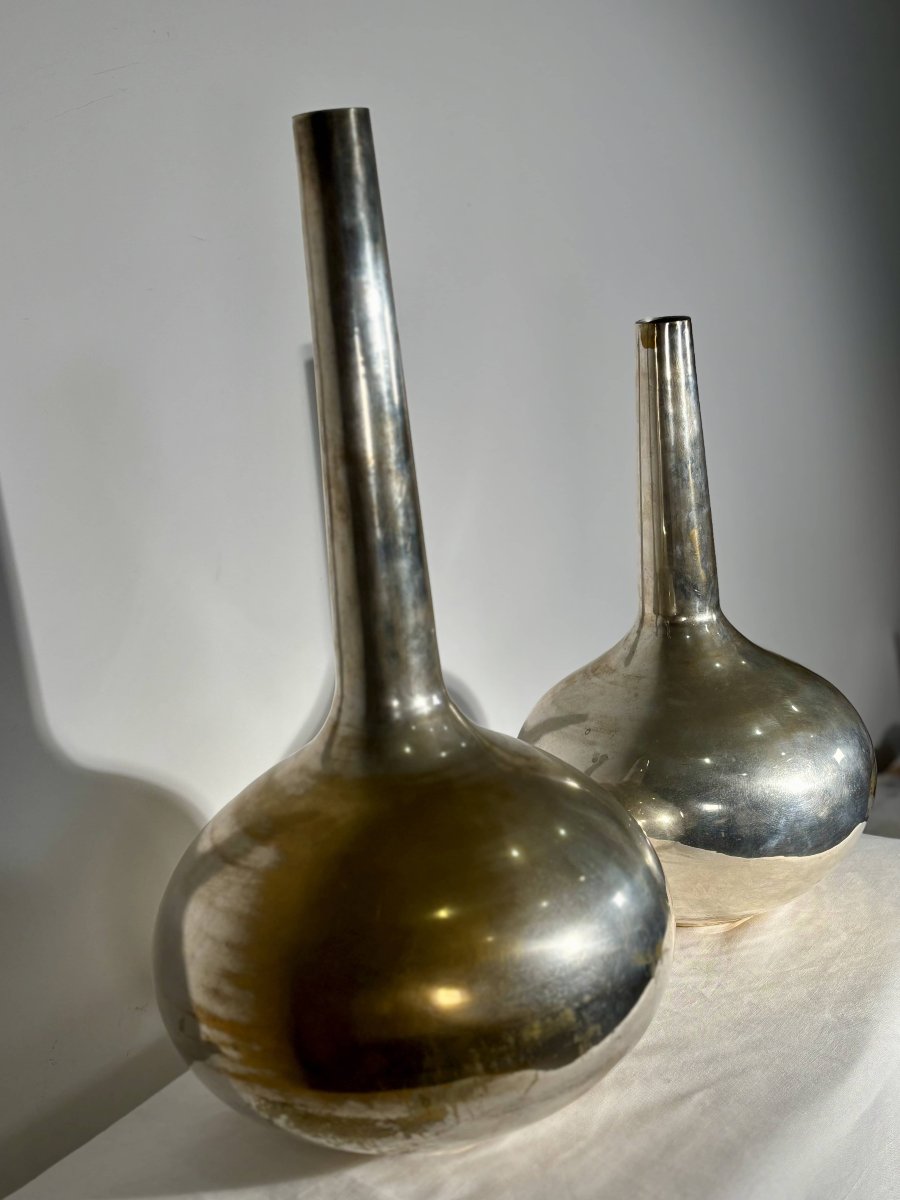 Important Pair Of Silver-plated Metal "bottle" Vases - Italy, 20th Century - Estampillée-photo-2