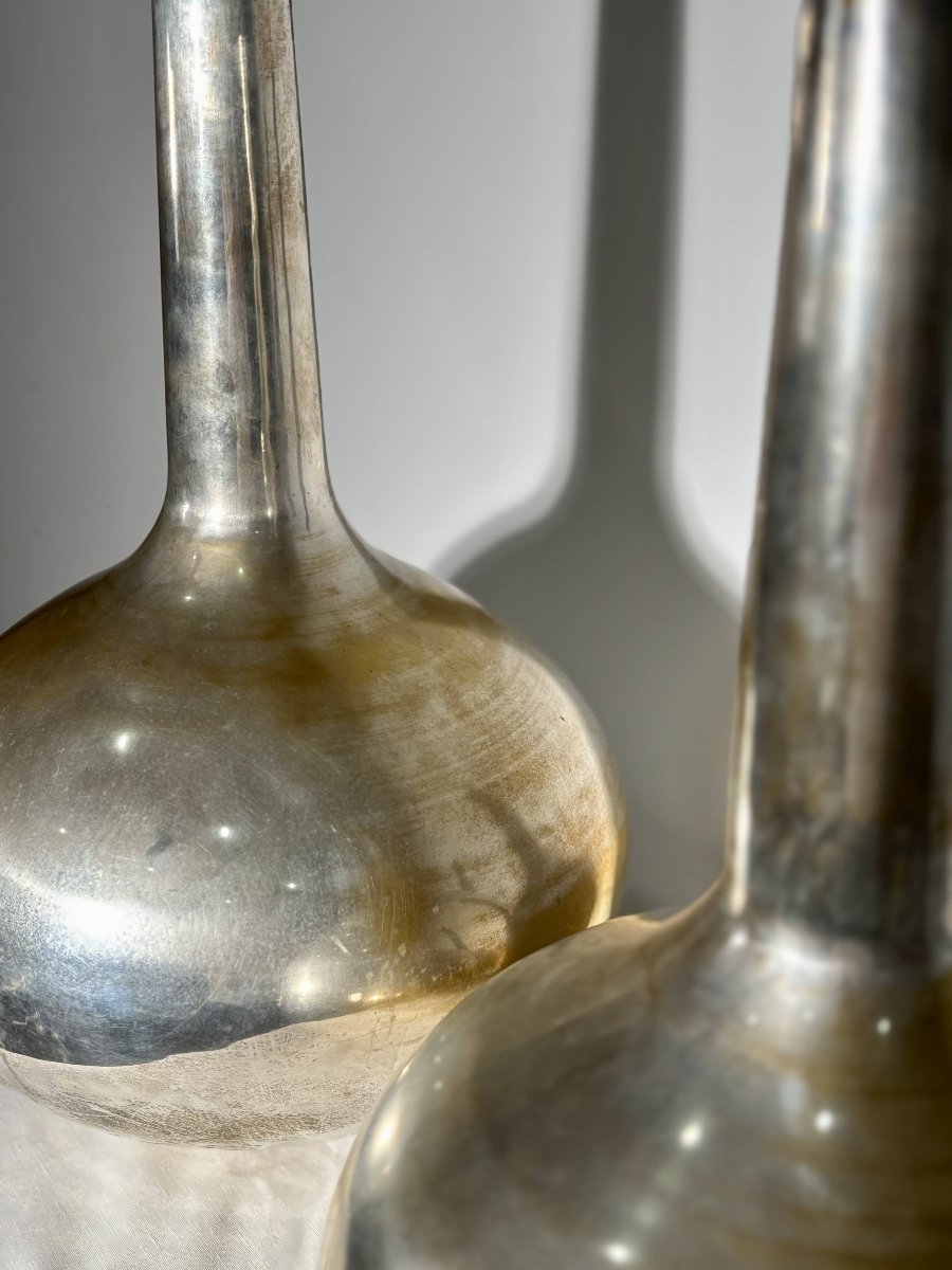 Important Pair Of Silver-plated Metal "bottle" Vases - Italy, 20th Century - Estampillée-photo-4