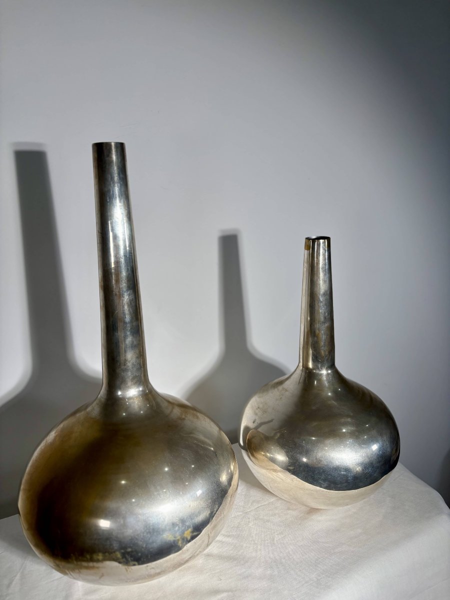 Important Pair Of Silver-plated Metal "bottle" Vases - Italy, 20th Century - Estampillée-photo-2
