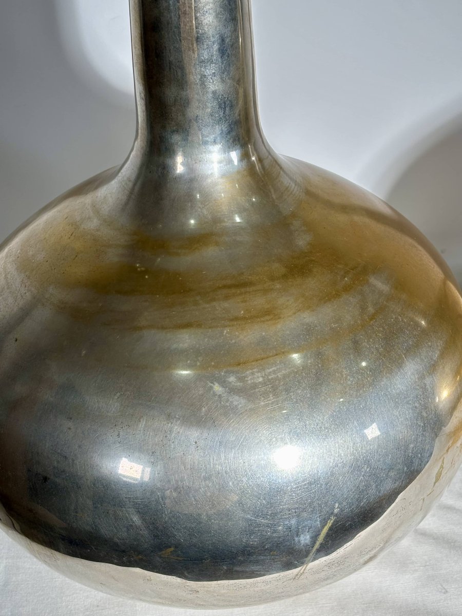 Important Pair Of Silver-plated Metal "bottle" Vases - Italy, 20th Century - Estampillée-photo-3
