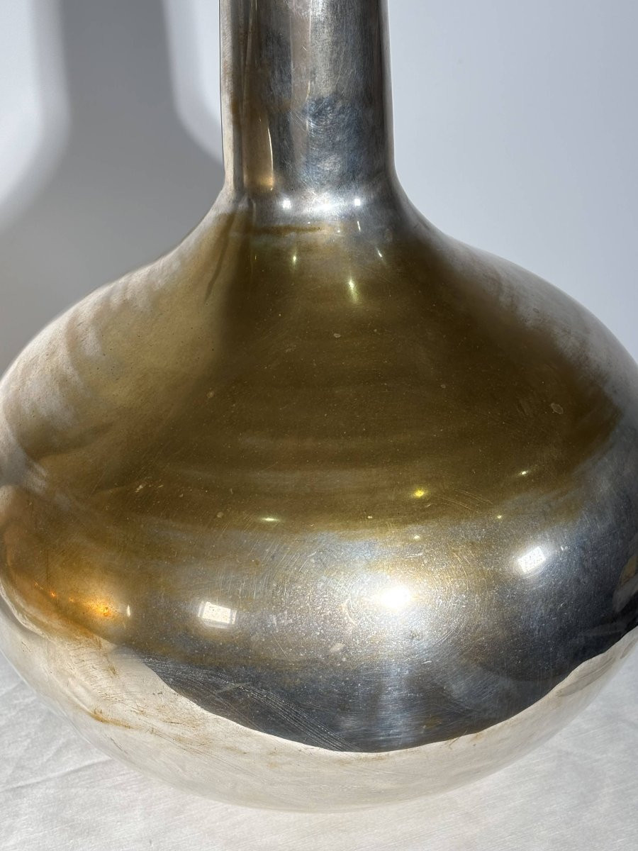 Important Pair Of Silver-plated Metal "bottle" Vases - Italy, 20th Century - Estampillée-photo-4