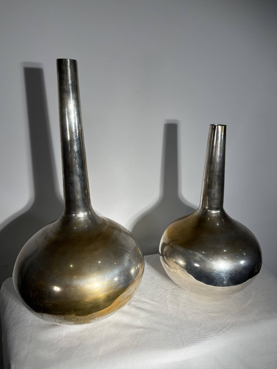 Important Pair Of Silver-plated Metal "bottle" Vases - Italy, 20th Century - Estampillée-photo-7