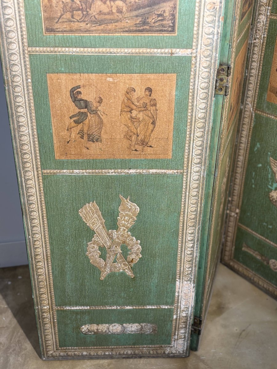 Rare paravent en "Arte Povera" d'après Carle Vernet - Epoque Directoire / Consulat-photo-3