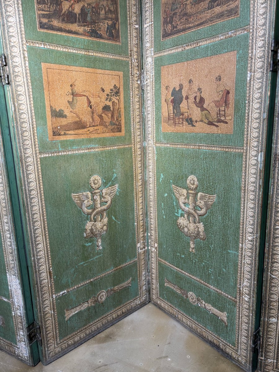 Rare paravent en "Arte Povera" d'après Carle Vernet - Epoque Directoire / Consulat-photo-4