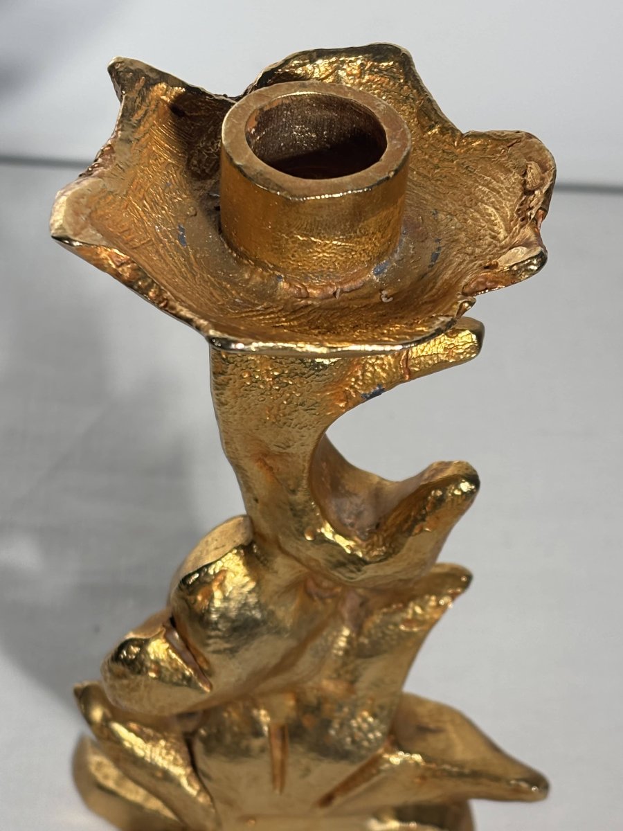 Gilded Bronze Candlestick - Georges Mathias For Fondica - Circa 1980-photo-3