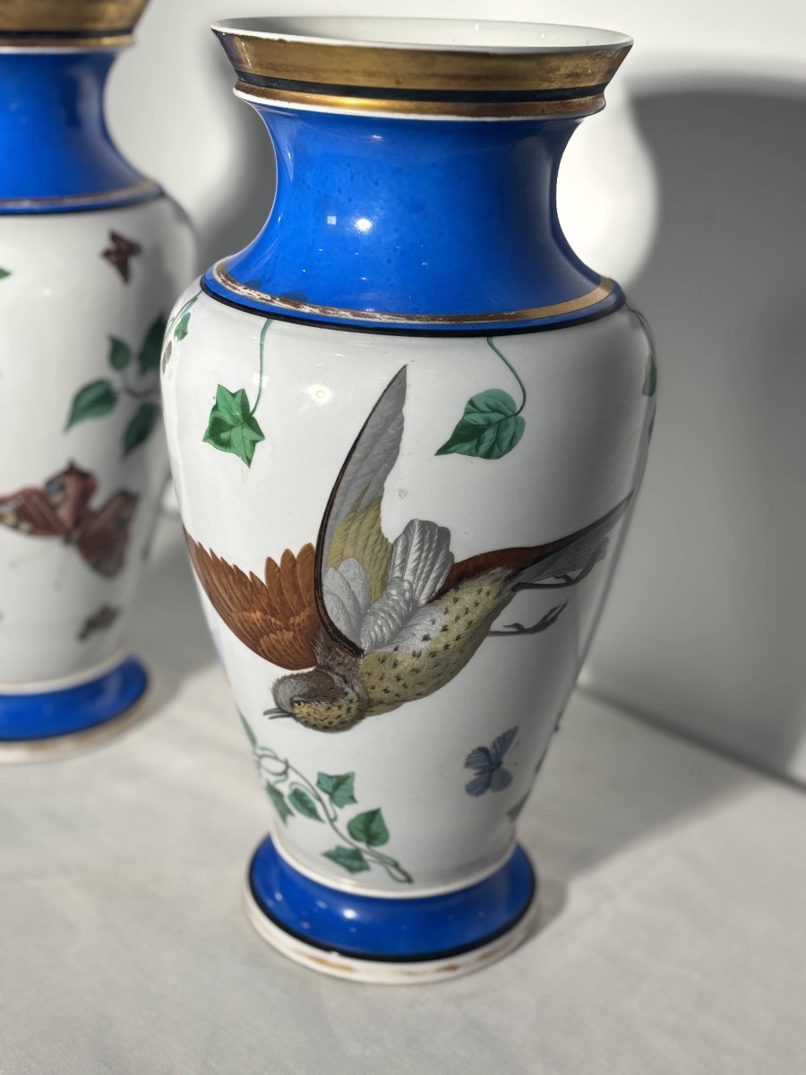 Paire de vases en porcelaine de Paris - Décor naturaliste aux oiseaux & papillons - XIXe siècle-photo-1