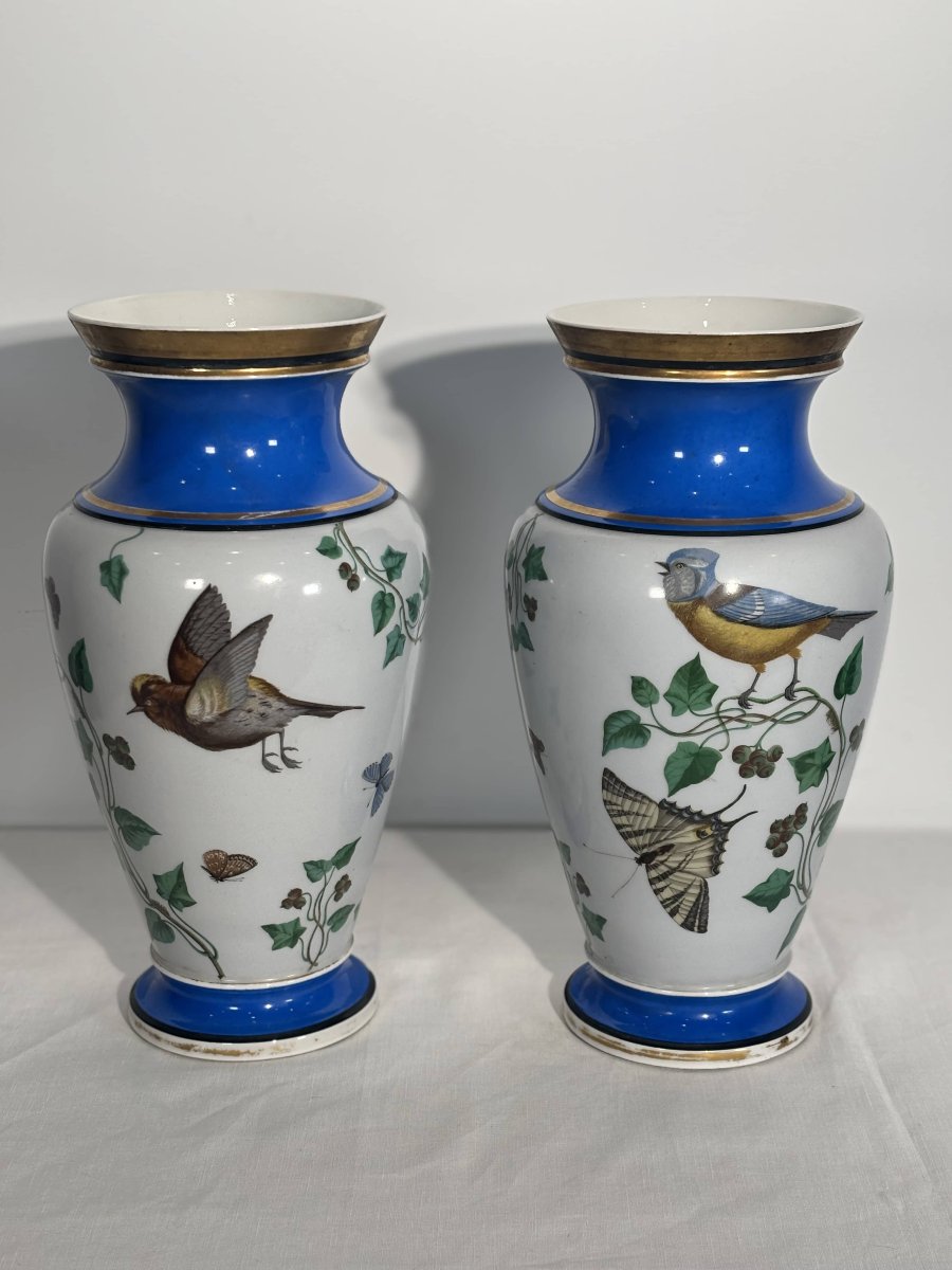 Paire de vases en porcelaine de Paris - Décor naturaliste aux oiseaux & papillons - XIXe siècle-photo-3