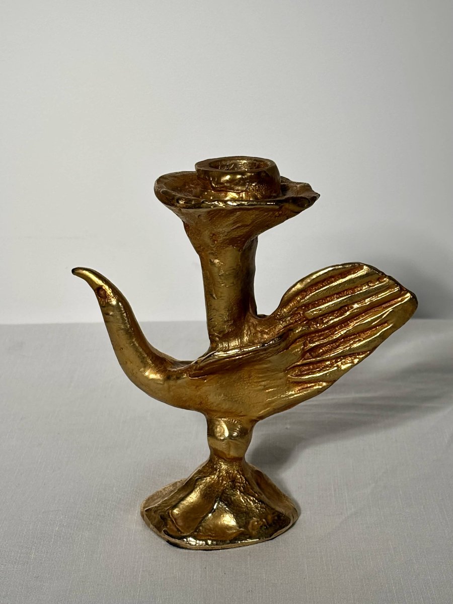 Bougeoir en bronze doré à décor d'oiseau - Pierre Casenove - XXe siècle-photo-2