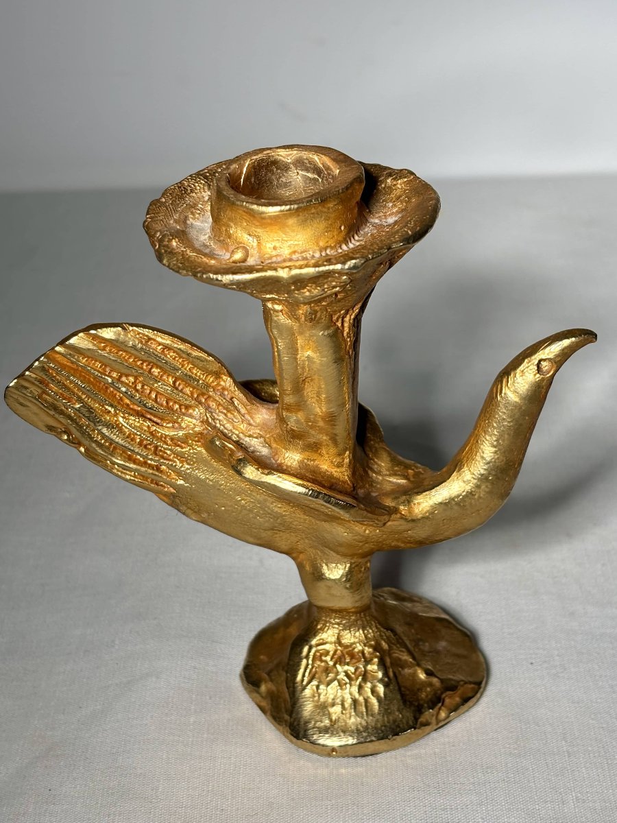 Bougeoir en bronze doré à décor d'oiseau - Pierre Casenove - XXe siècle-photo-4