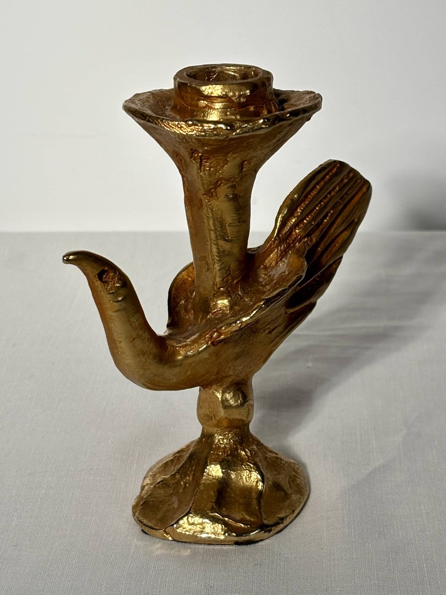 Bougeoir en bronze doré à décor d'oiseau - Pierre Casenove - XXe siècle-photo-1