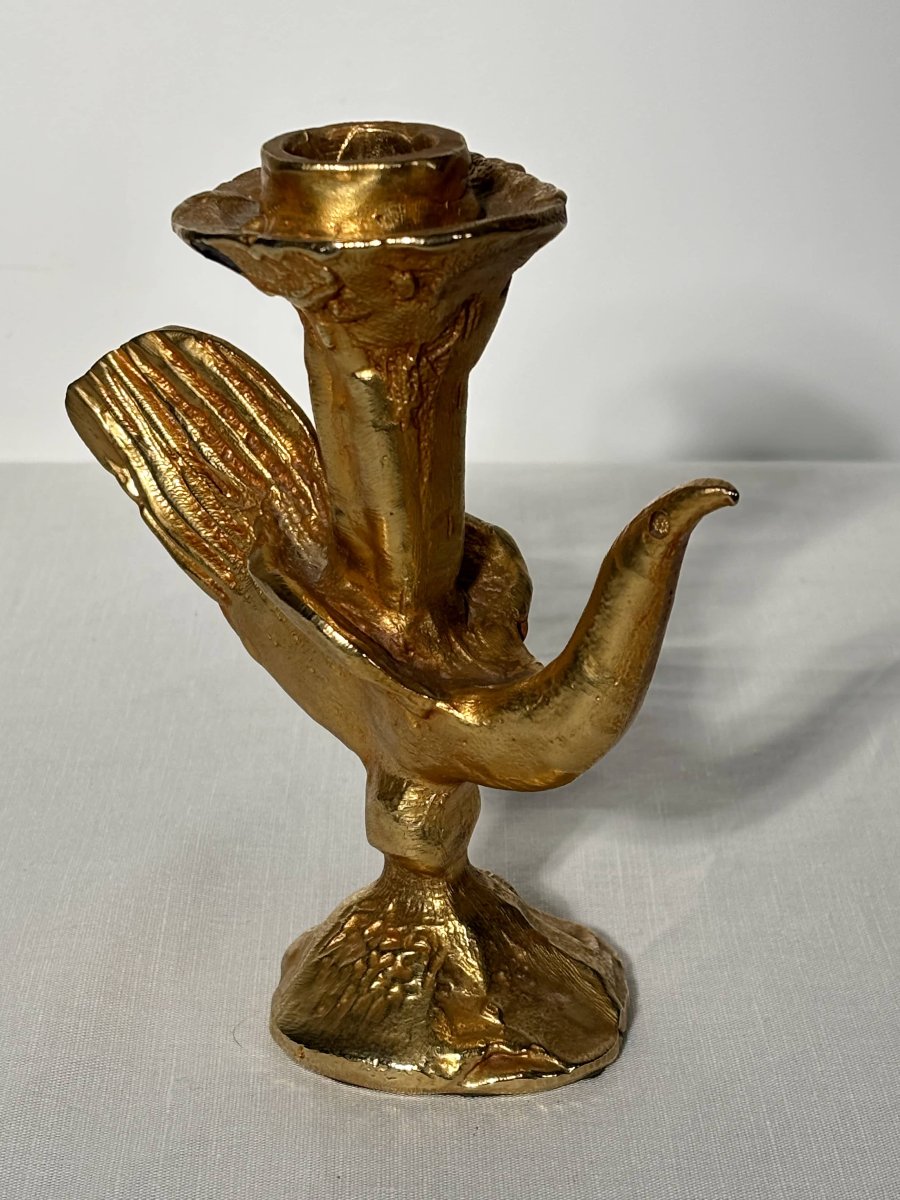 Bougeoir en bronze doré à décor d'oiseau - Pierre Casenove - XXe siècle-photo-2