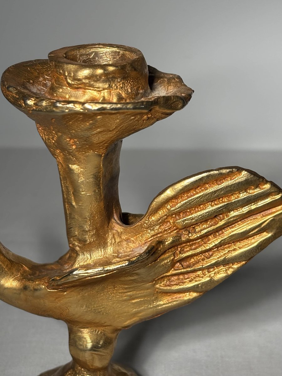 Bougeoir en bronze doré à décor d'oiseau - Pierre Casenove - XXe siècle-photo-4