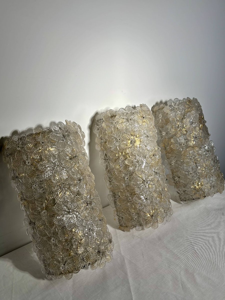 Trio Of Murano Glass And Gold Leaf Flower Sconces By Barovier & Toso, Italy 1970-photo-3