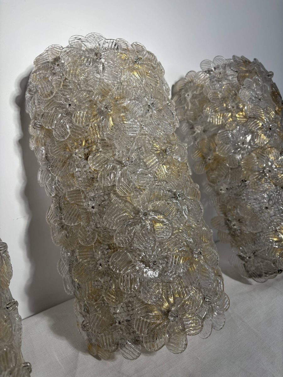 Trio Of Murano Glass And Gold Leaf Flower Sconces By Barovier & Toso, Italy 1970-photo-1