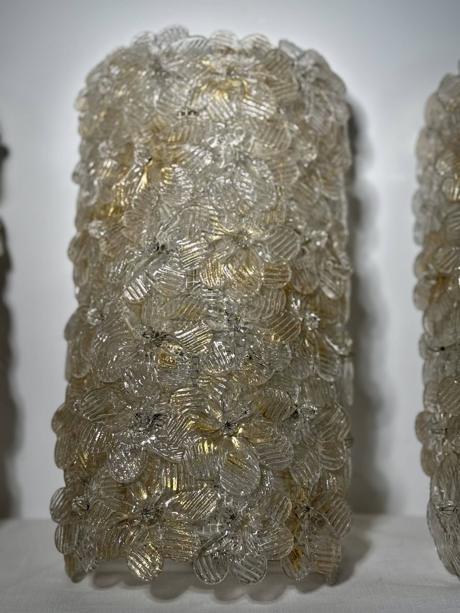 Trio Of Murano Glass And Gold Leaf Flower Sconces By Barovier & Toso, Italy 1970-photo-2
