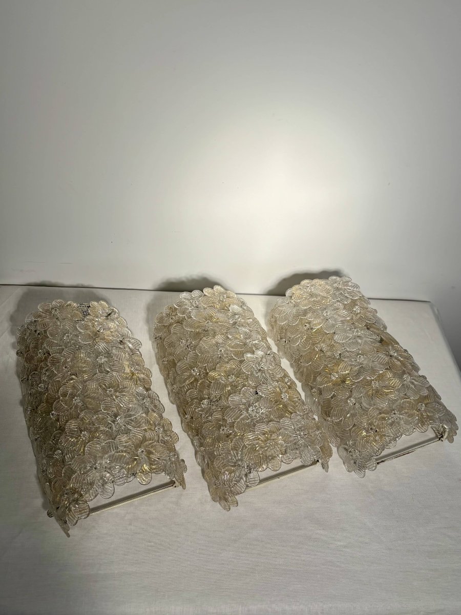 Trio Of Murano Glass And Gold Leaf Flower Sconces By Barovier & Toso, Italy 1970-photo-6