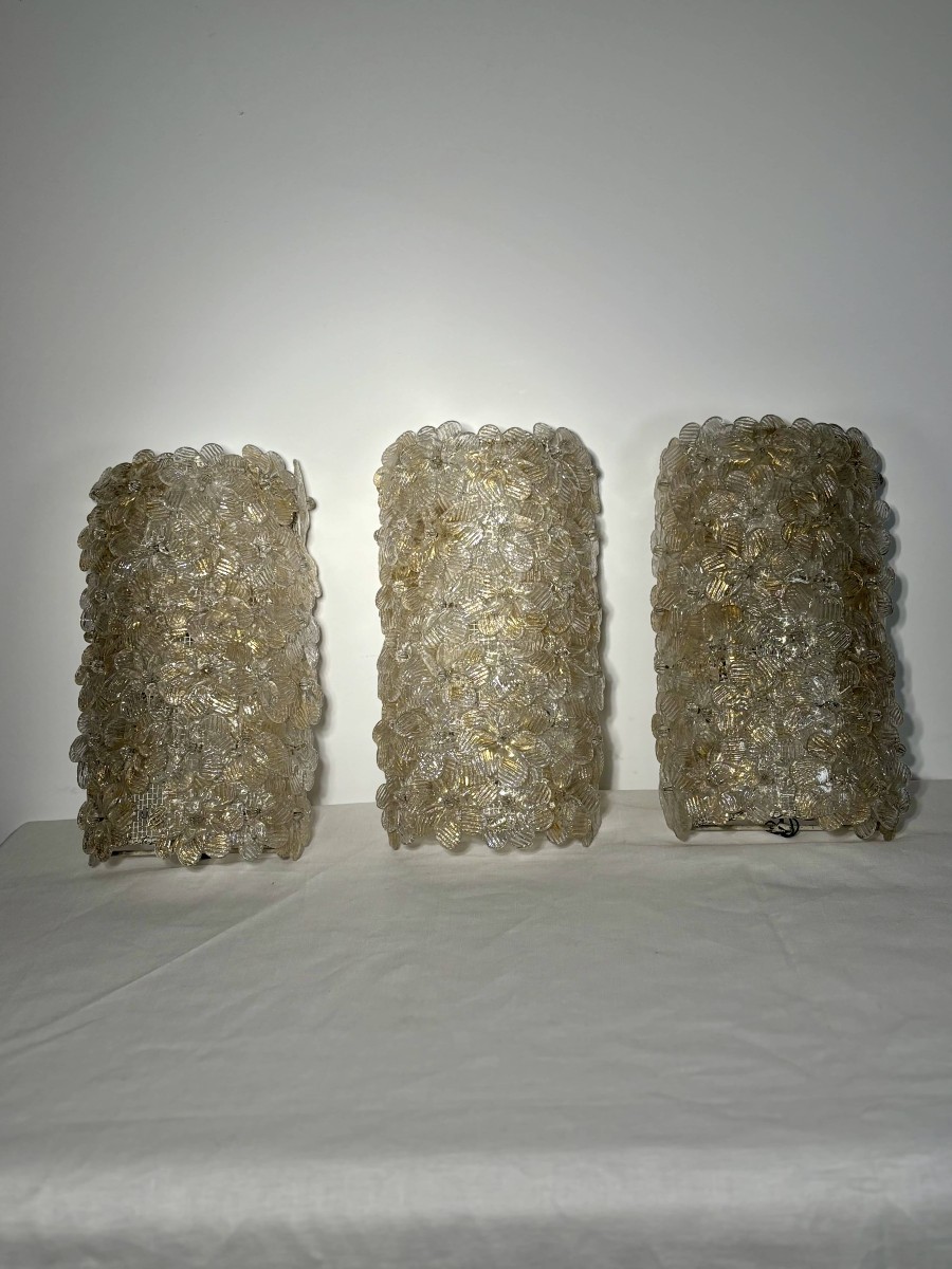 Trio Of Murano Glass And Gold Leaf Flower Sconces By Barovier & Toso, Italy 1970