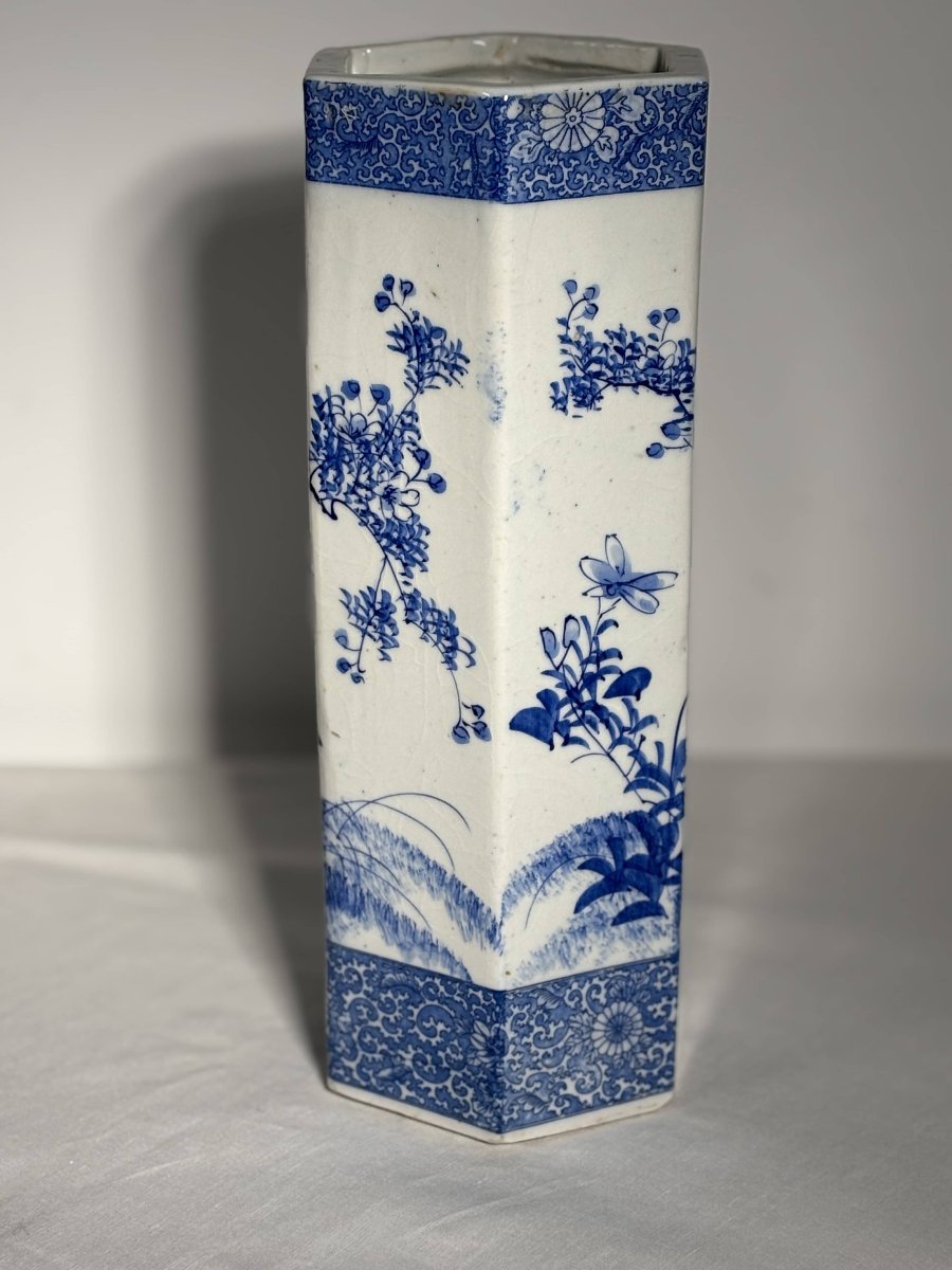 Hexagonal Blue And White Porcelain Vase - Japan - Meiji Period - 19th Century-photo-3