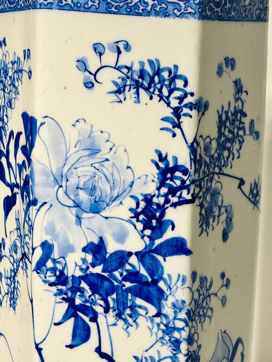 Hexagonal Blue And White Porcelain Vase - Japan - Meiji Period - 19th Century-photo-2