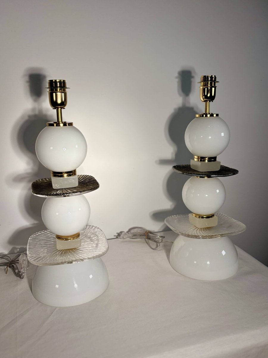 Paire de lampes "Totem" en verre de Murano et laiton - Italie, Années 1980-90-photo-1