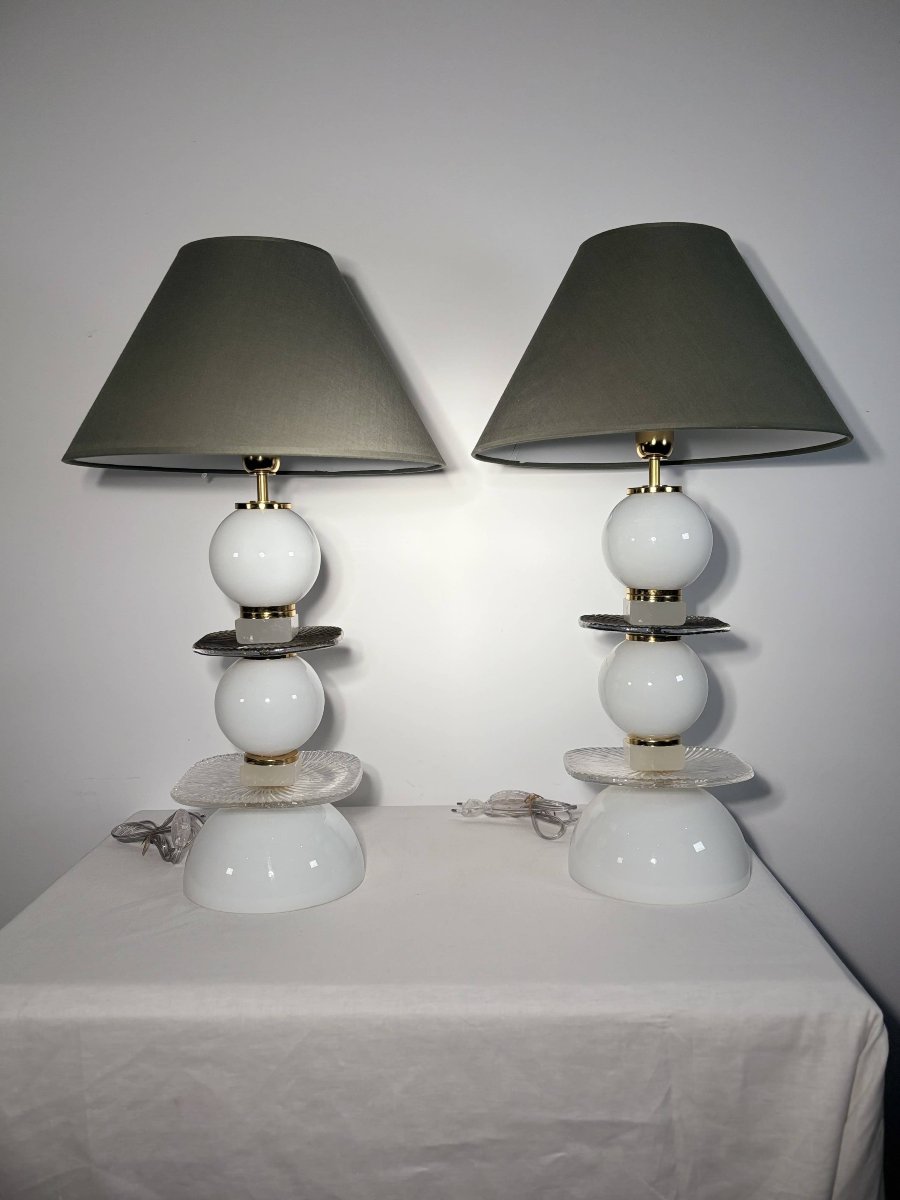 Paire de lampes "Totem" en verre de Murano et laiton - Italie, Années 1980-90-photo-4