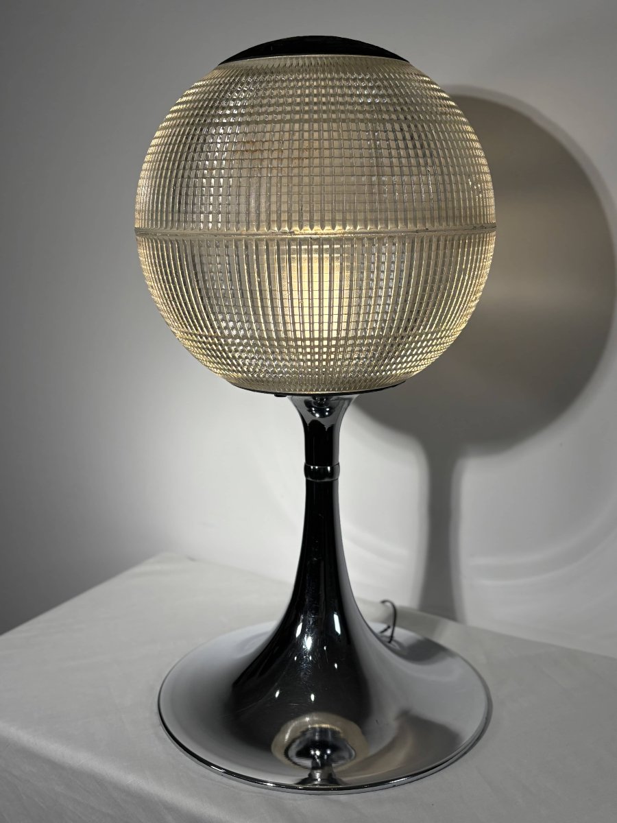 Genuine Parisian Holophane Globe On Chrome-plated Stand 70's Design - France-photo-2