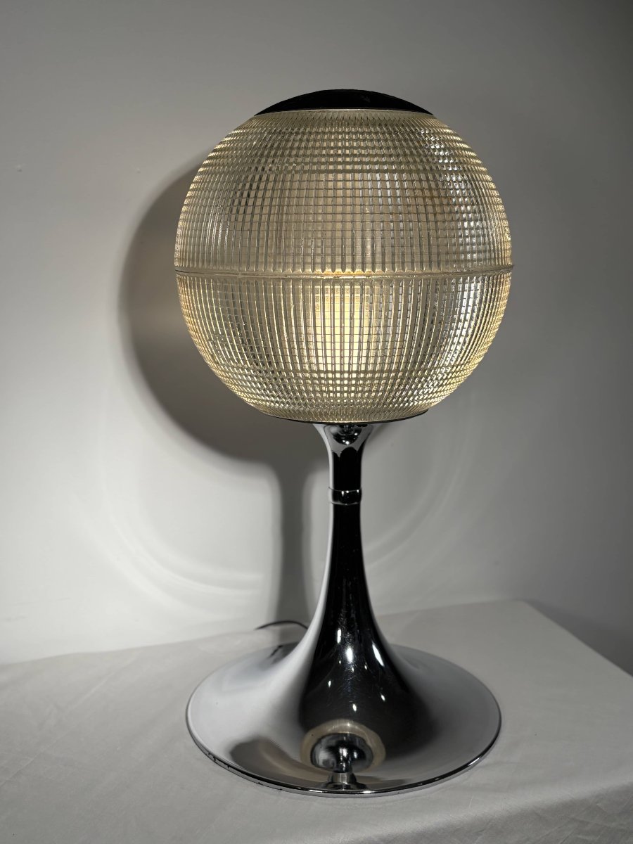 Genuine Parisian Holophane Globe On Chrome-plated Stand 70's Design - France-photo-1