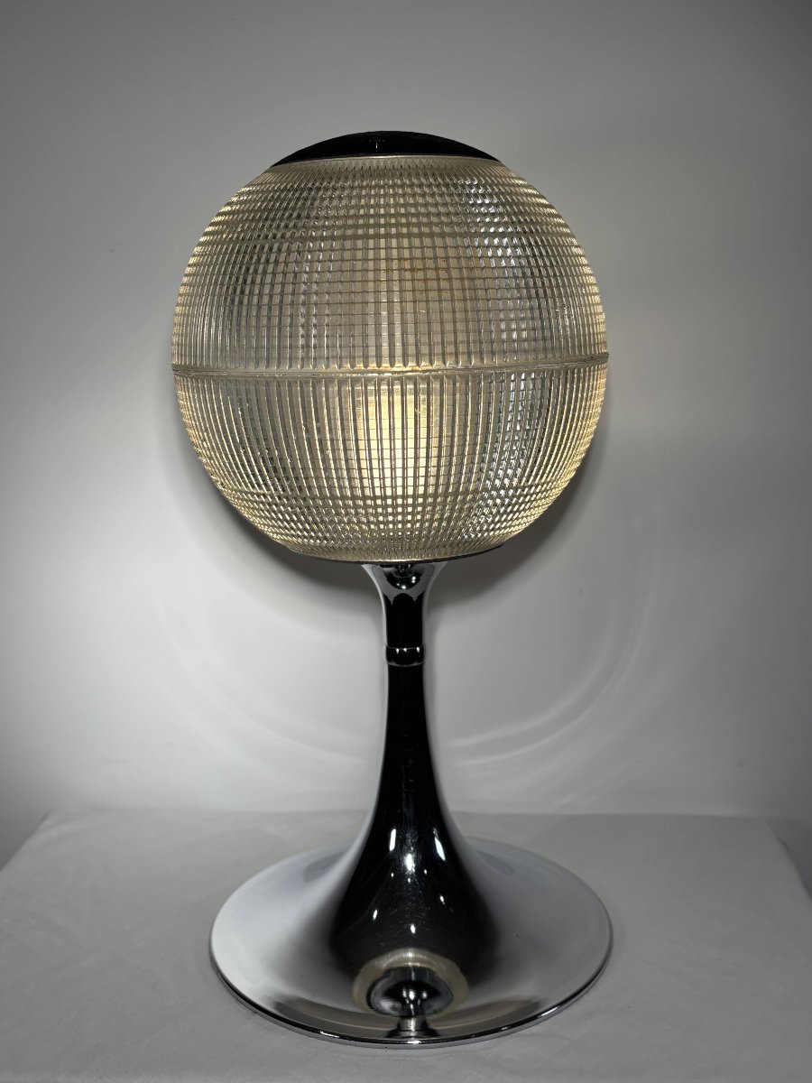Genuine Parisian Holophane Globe On Chrome-plated Stand 70's Design - France-photo-2