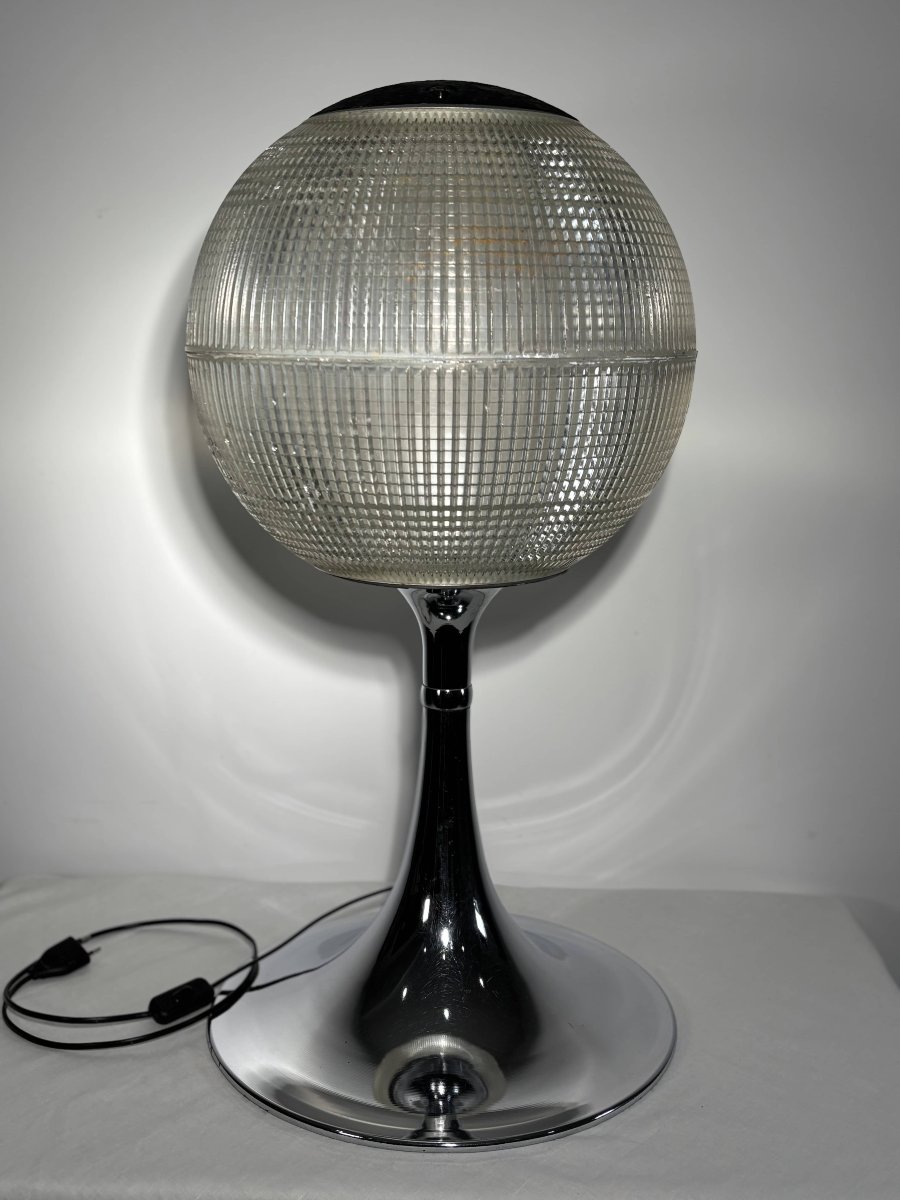 Genuine Parisian Holophane Globe On Chrome-plated Stand 70's Design - France-photo-5