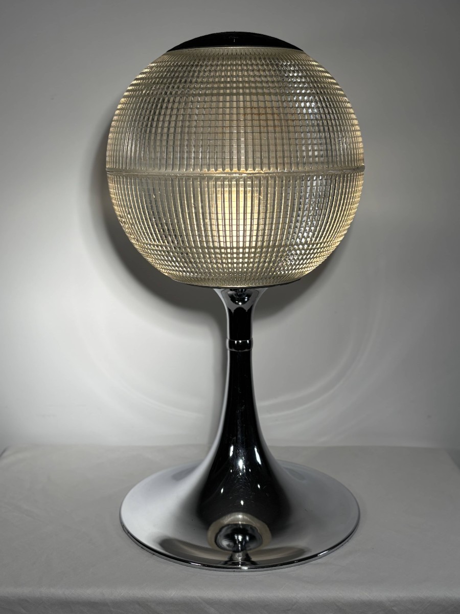 Genuine Parisian Holophane Globe On Chrome-plated Stand 70's Design - France