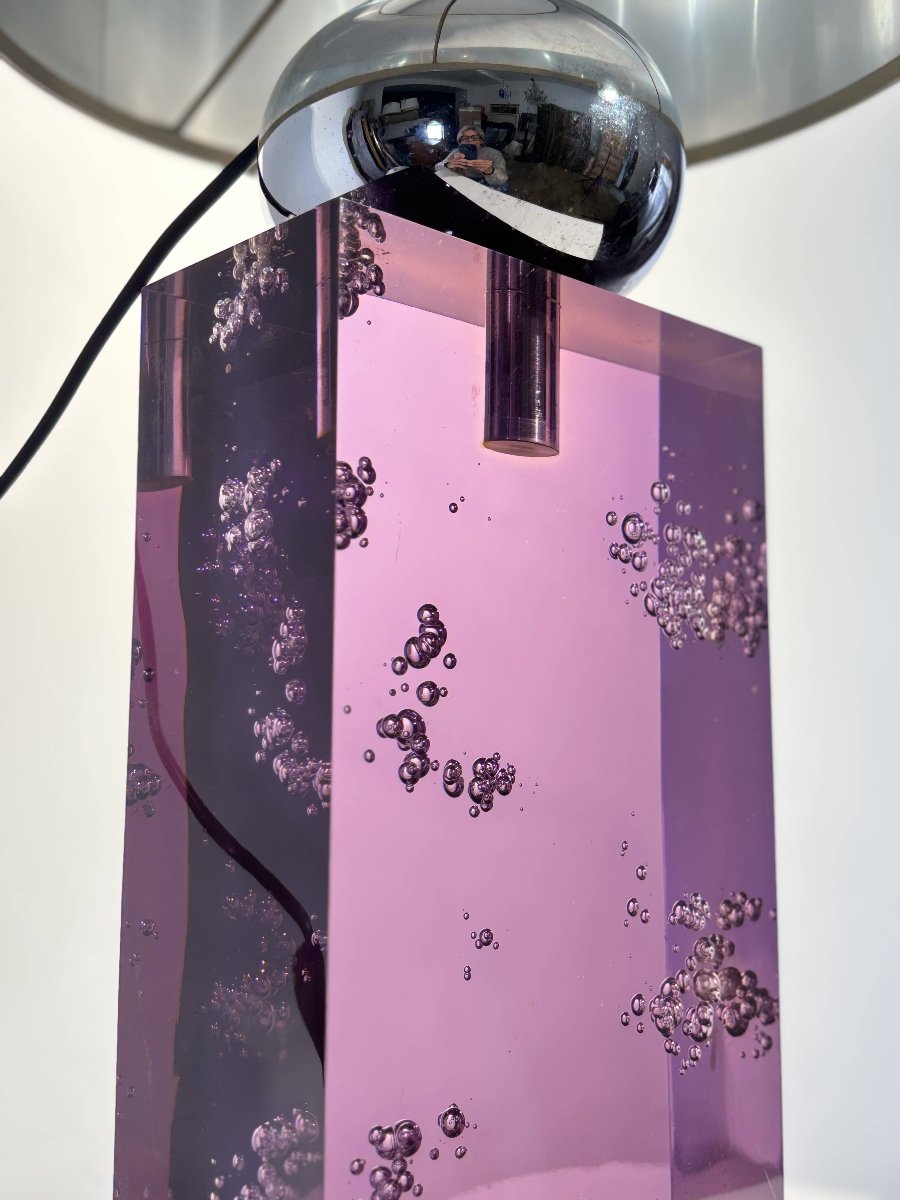 Table Lamp - Amethyst Resin & Chrome - Italy, Circa 1970-photo-3