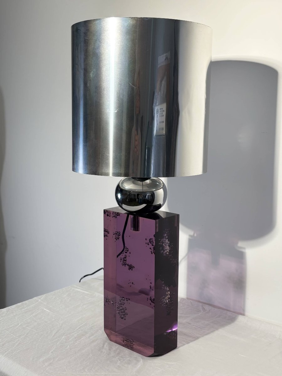 Table Lamp - Amethyst Resin & Chrome - Italy, Circa 1970-photo-1