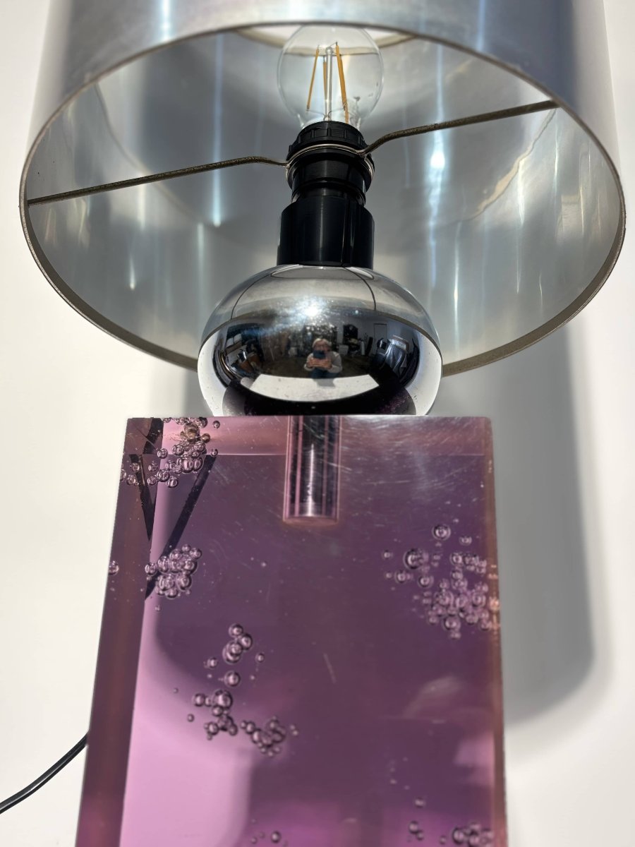 Table Lamp - Amethyst Resin & Chrome - Italy, Circa 1970-photo-2