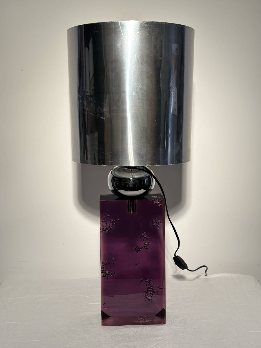 Table Lamp - Amethyst Resin & Chrome - Italy, Circa 1970-photo-4
