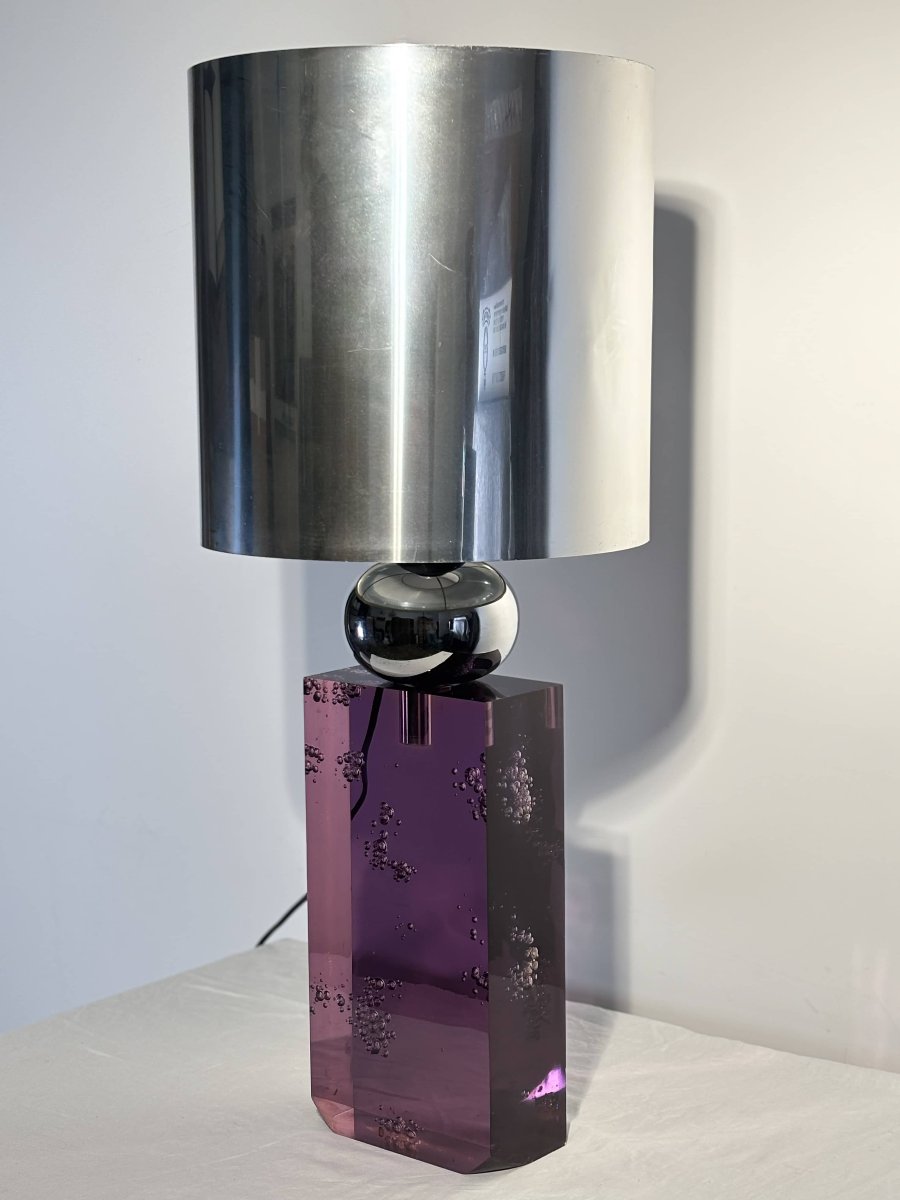 Table Lamp - Amethyst Resin & Chrome - Italy, Circa 1970-photo-5