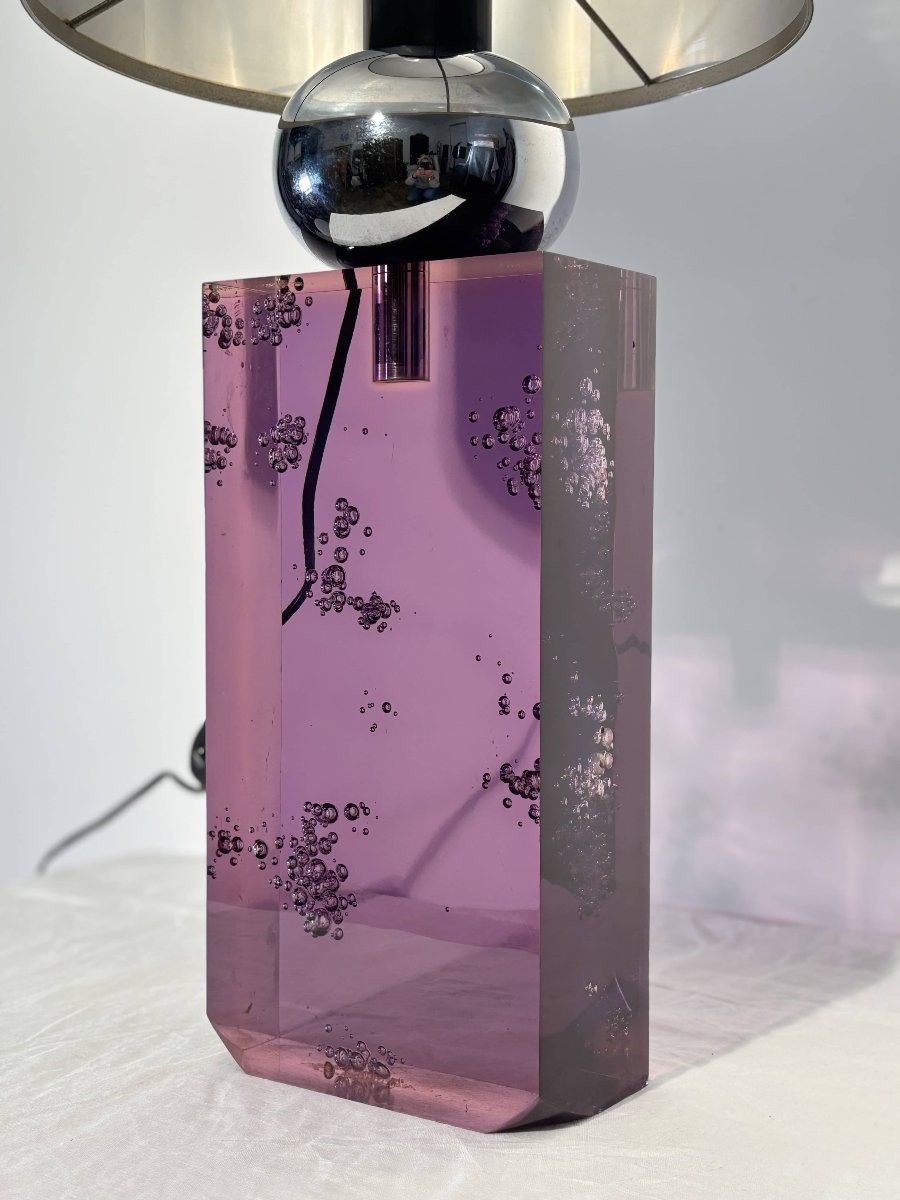 Table Lamp - Amethyst Resin & Chrome - Italy, Circa 1970-photo-6