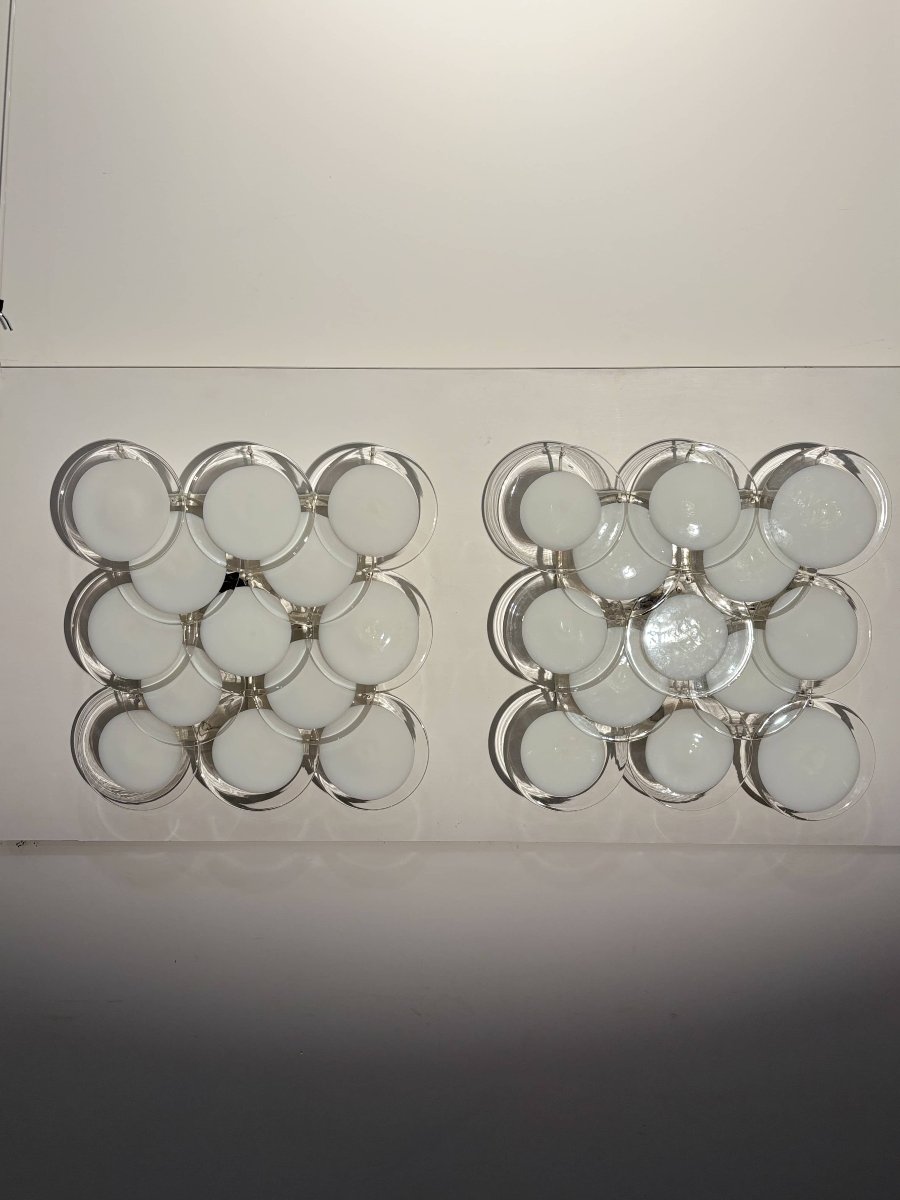 Pair Of Wall Sconces With Discs - By Vistosi, Murano, Circa 1970-photo-2