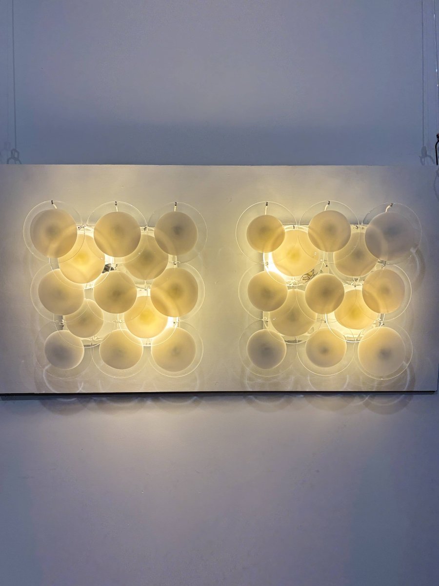 Pair Of Wall Sconces With Discs - By Vistosi, Murano, Circa 1970