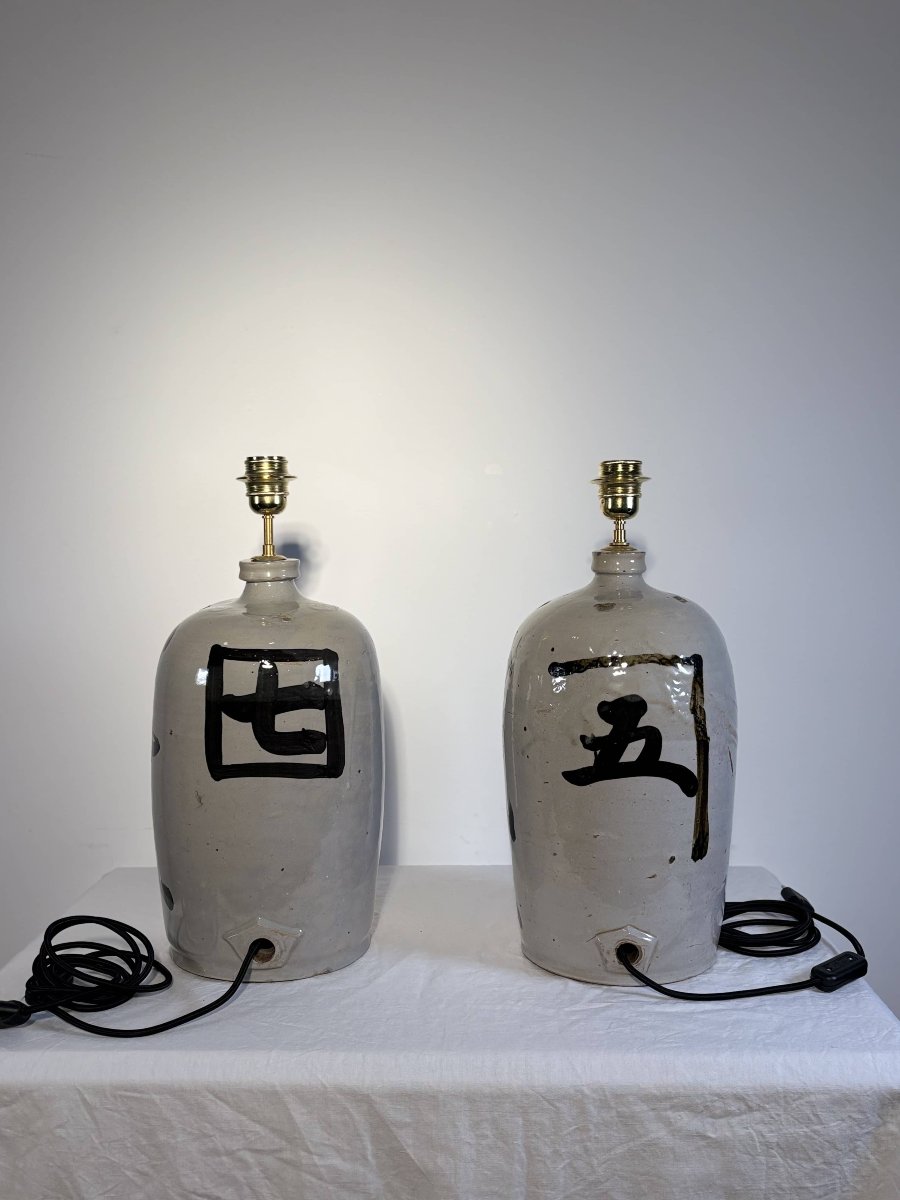 Pair Of Lamps - Japanese Sake Jars, Glazed Stoneware - Japan, 20th Century-photo-3