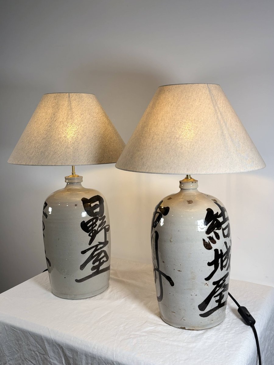 Pair Of Lamps - Japanese Sake Jars, Glazed Stoneware - Japan, 20th Century-photo-4