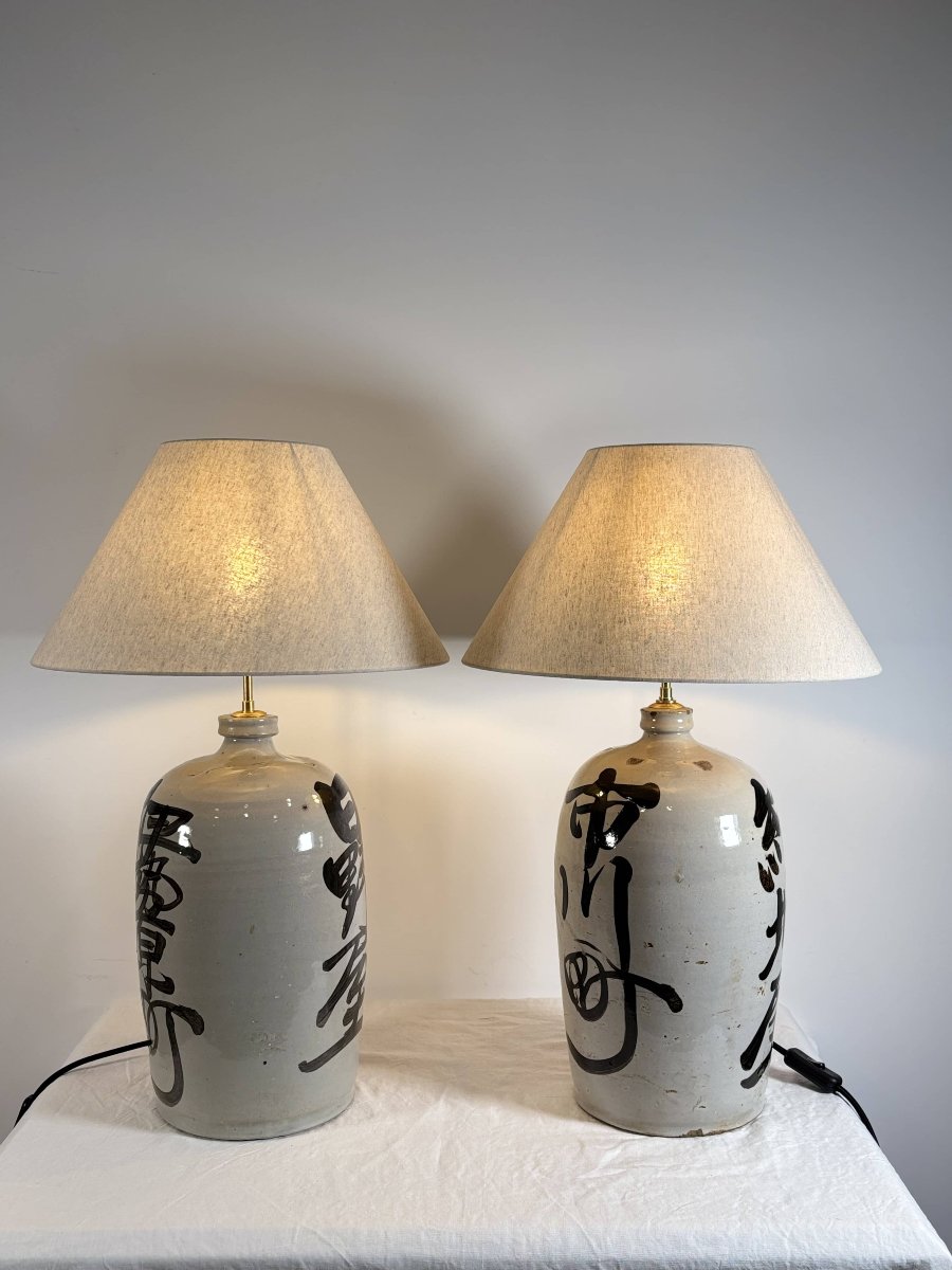 Pair Of Lamps - Japanese Sake Jars, Glazed Stoneware - Japan, 20th Century-photo-1