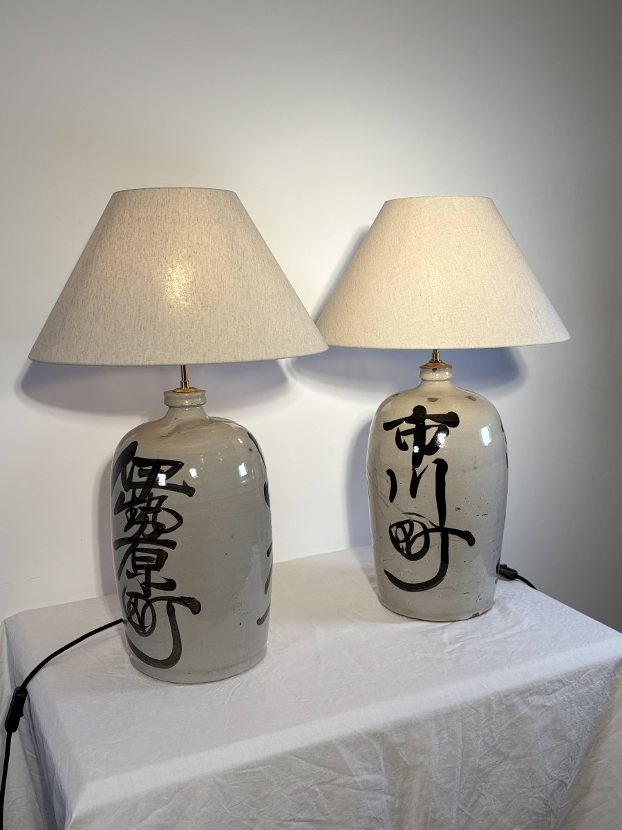 Pair Of Lamps - Japanese Sake Jars, Glazed Stoneware - Japan, 20th Century-photo-2