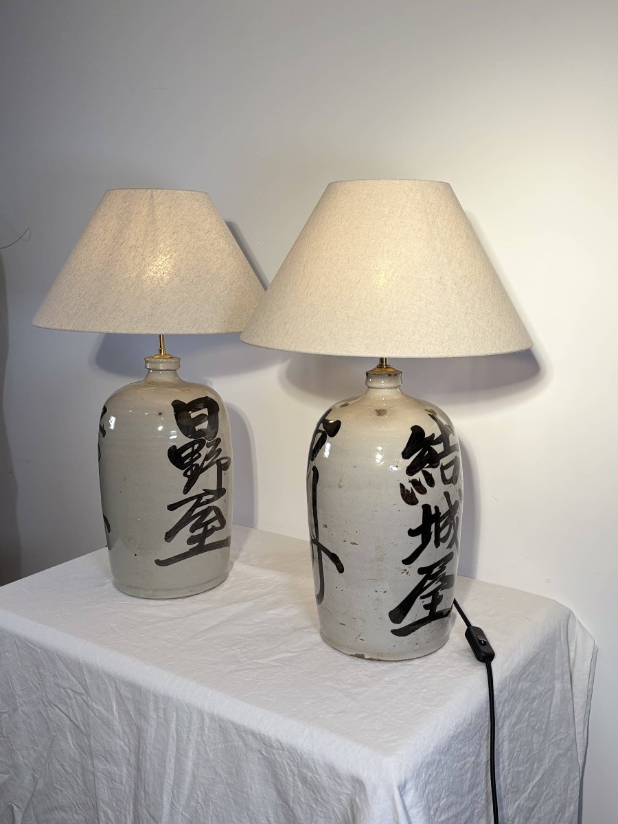 Pair Of Lamps - Japanese Sake Jars, Glazed Stoneware - Japan, 20th Century-photo-3